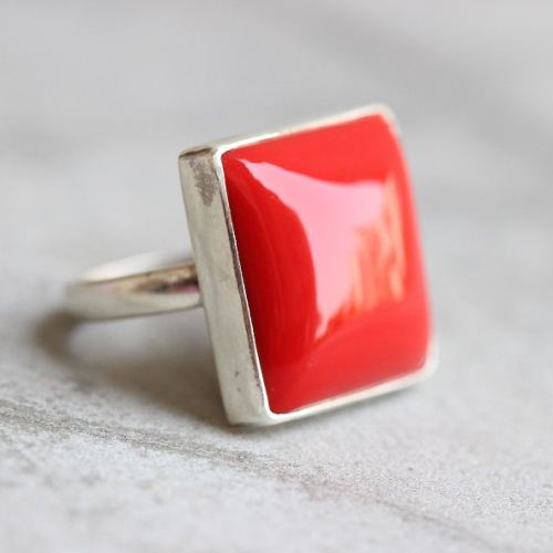 Red Coral Ring, Square ring, Silver red gemstone ring