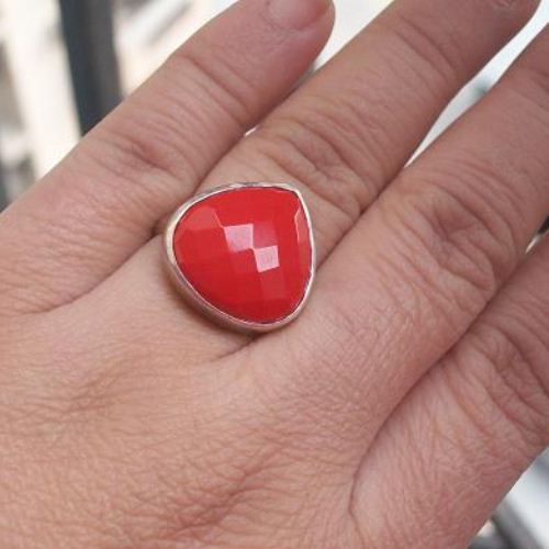 Red Coral Ring, Triangle ring, Faceted stone silver ring
