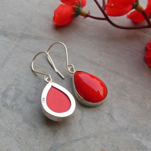Red Coral earrings - Artisan earrings - Silver Teardrop earrings
