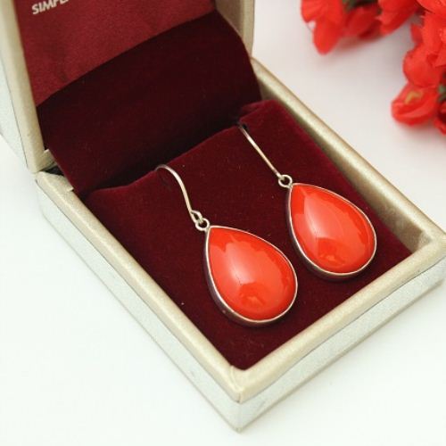 Red Coral earrings, Coral dangle earrings, Tear drop silver jewelry