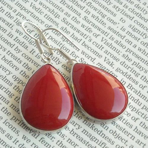 Red Coral earrings, Red drop silver earrings, Large earrings
