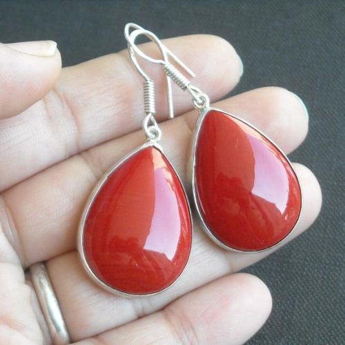 Red Coral earrings, Red drop silver earrings, Large earrings