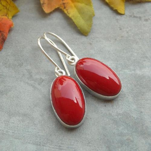 Red Coral earrings, Sterling silver earrings, Oval gemstone earrings