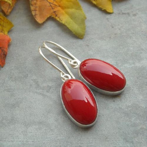 Red Coral earrings, Sterling silver earrings, Oval gemstone earrings