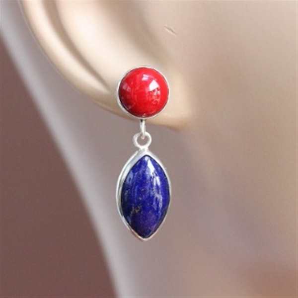 Red Coral lapis sterling silver earrings -post gemstone earrings