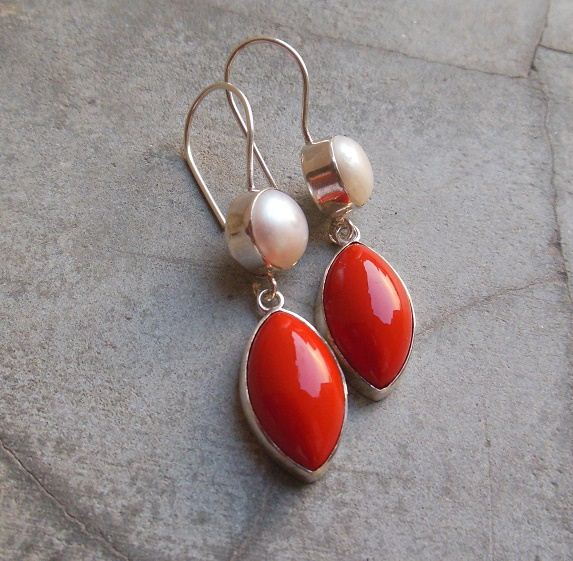 Red Coral pearl earrings Sterling