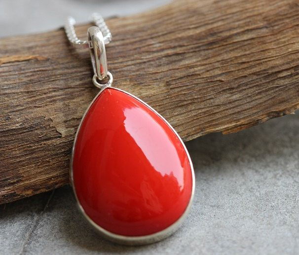 Red Coral pendant, Drop pendant, Handmade silver pendant chain