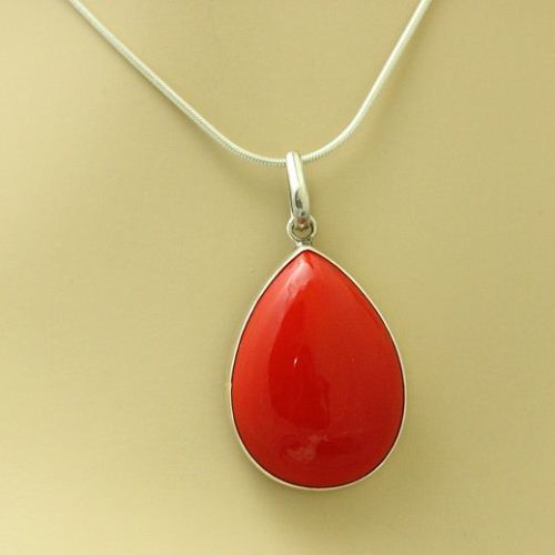 Red Coral pendant, Drop pendant, Handmade silver pendant chain