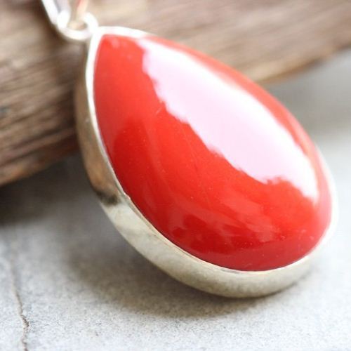 Red Coral pendant, Drop pendant, Handmade silver pendant chain