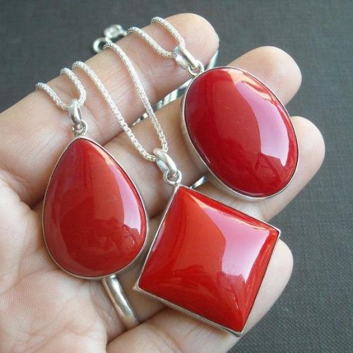 Red Coral pendant, Drop pendant, Handmade silver pendant chain