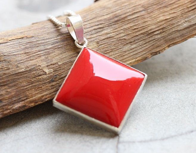Red Coral pendant, Square pendant, Silver red stone pendant 