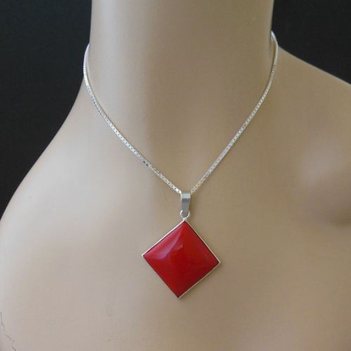Red Coral pendant, Square pendant, Silver red stone pendant 