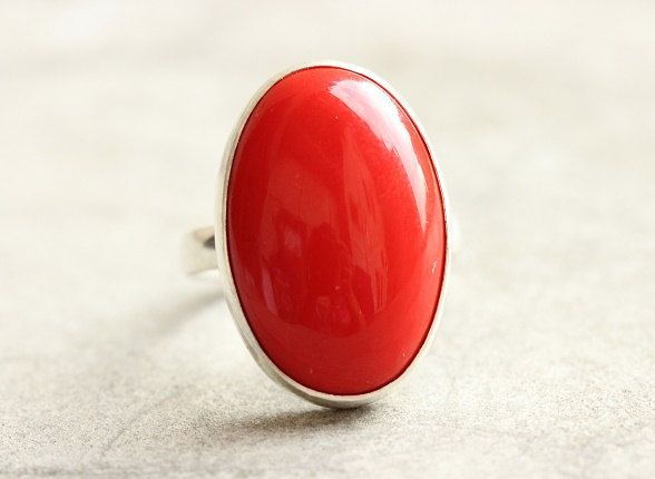 Red Coral ring, Oval ring, Bold silver stone ring