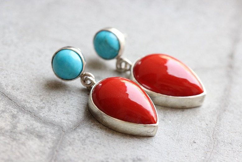 Red Coral turquoise earrings, Artisan silver earrings