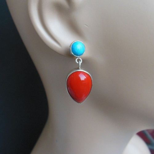 Red Coral turquoise earrings, Artisan silver earrings