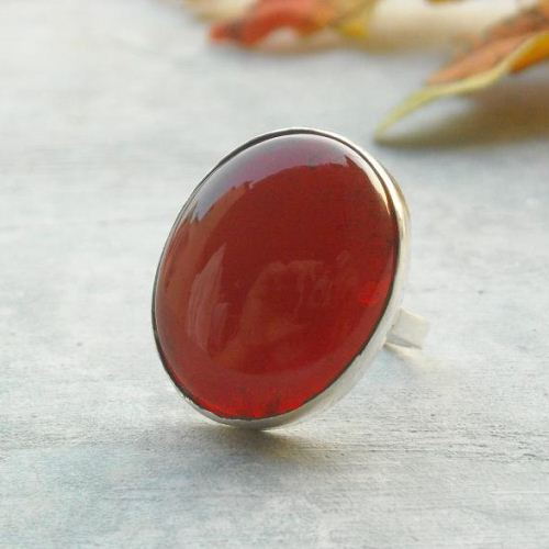 Red cocktail ring, Sterling silver oval carnelian ring jewelry