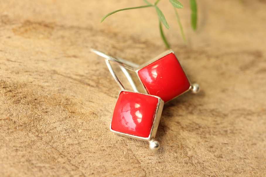 Red coral earrings - Coral silver earrings - Coral dangle earrings