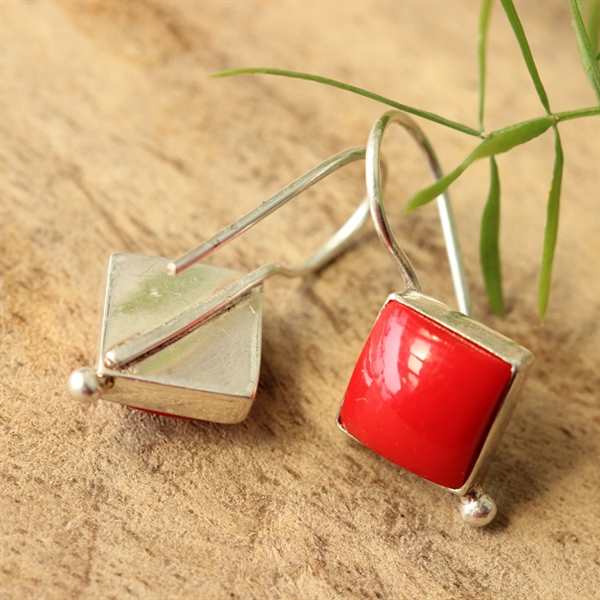 Red coral earrings - Coral silver earrings - Coral dangle earrings