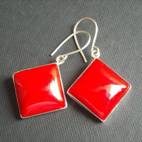 Red coral earrings, Hook earrings, Cushion cut gemstone silver earrings