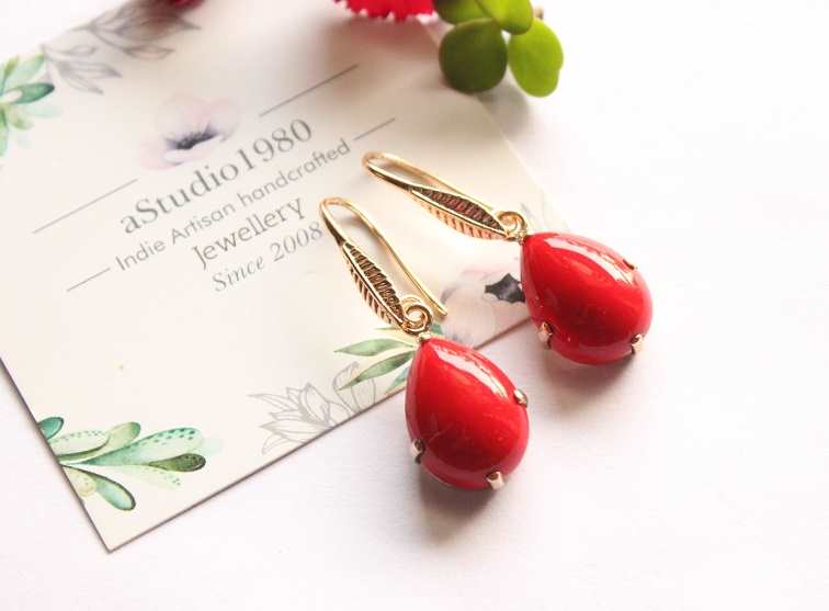 Red coral gold earrings 14k