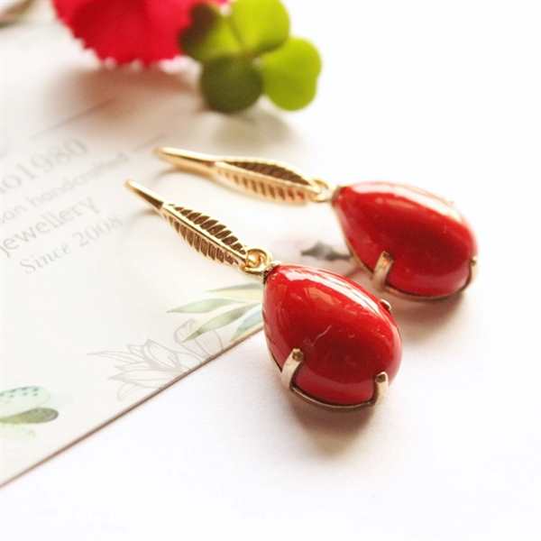 Red coral gold earrings -14k yellow prong handmade earrings
