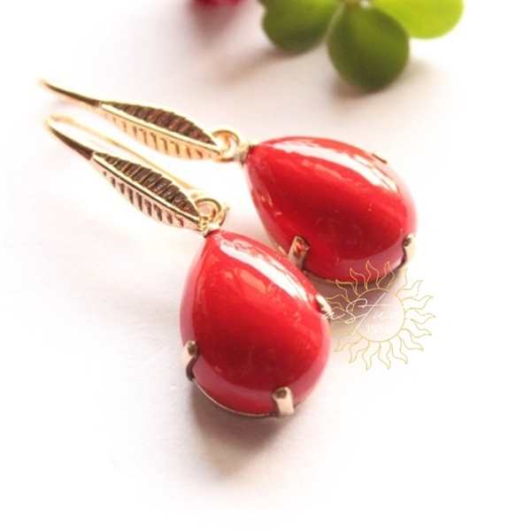 Red coral gold earrings -14k yellow prong handmade earrings