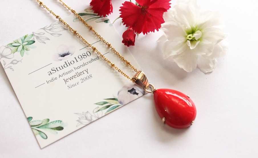 Red coral gold pendant 14k