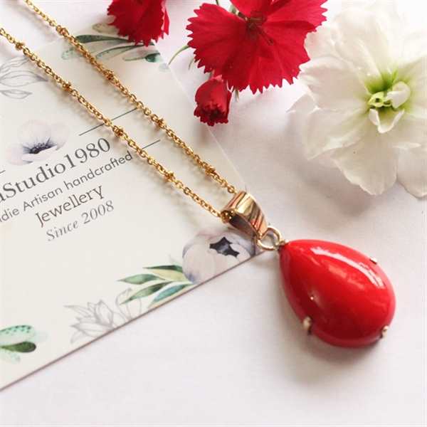 Red coral gold pendant -14k yellow gold pendant 