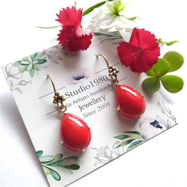 Red coral gold pendant -14k yellow gold pendant earrings