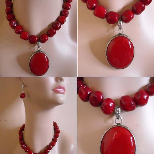 Red coral necklace earring set, Oval large silver set