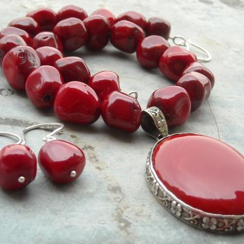 Red coral necklace earring set, Oval large silver set