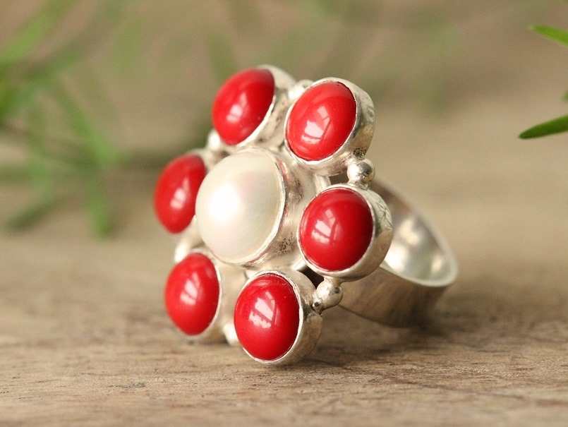 Red coral pearl flower silver handmade ring