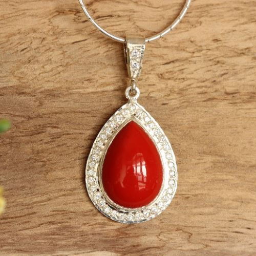 Red coral pendant - Artisan pendant - sterling silver pendant - gifts