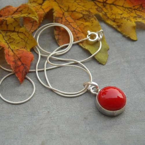 Red coral pendant chain, Unique handmade silver jewelry