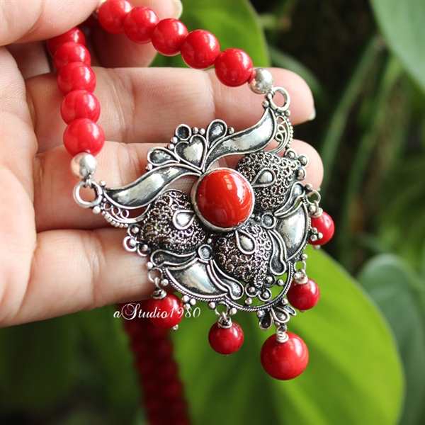 Red coral pendant necklace - red necklace - gift for wife