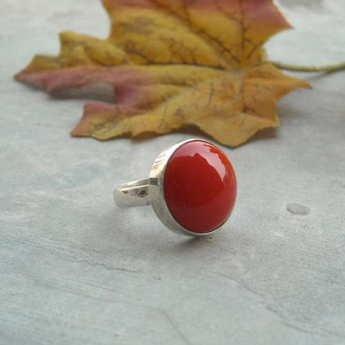 Red coral ring - 14mm round ring - 925 Sterling silver gemstone ring