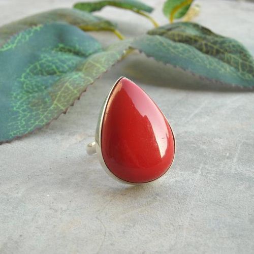 Red coral ring, Red coral silver ring, Tear drop handmade ring