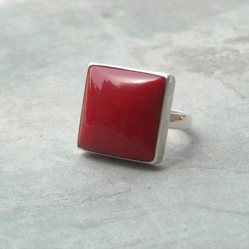Red coral ring, Square rings, Square cut handmade silver jewelry