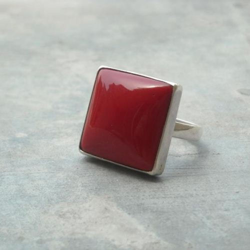 Red coral ring, Square rings, Square cut handmade silver jewelry