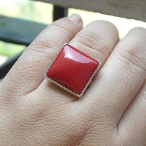 Red coral ring, Square rings, Square cut handmade silver jewelry