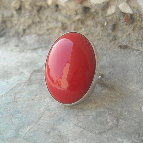 Red coral ring, Oval cabochon sterling silver gemstone ring