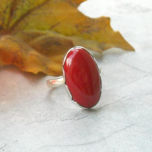 Red coral silver ring, Artisan rings, Oval red coral ring