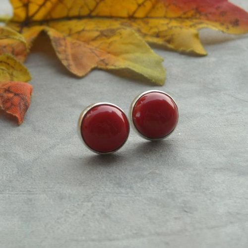 Red coral stud earrings, 10mm round gemstone silver studs handmade