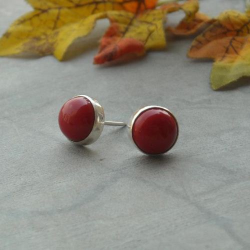 Red coral stud earrings, 10mm round gemstone silver studs handmade