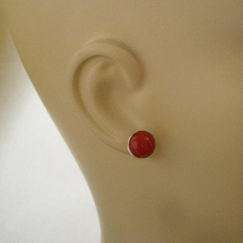 Red coral stud earrings, 10mm round gemstone silver studs handmade