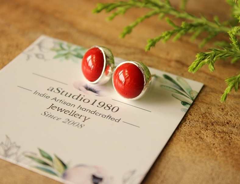 Red coral studs, Coral sterling silver stud earrings