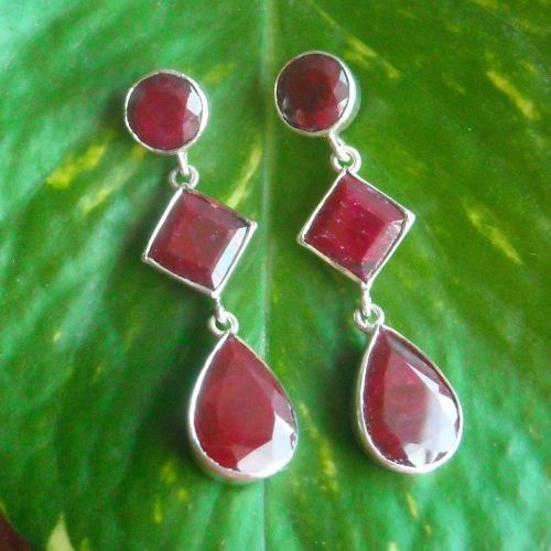 Red ruby dangle earrings, Natural ruby sterling silver earrings