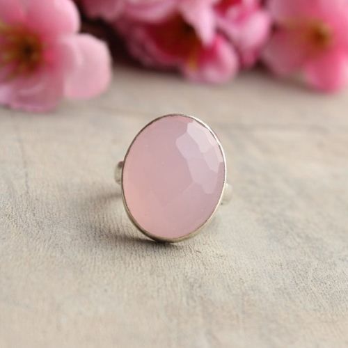 Rose quartz ring, Sterling silver ring, Oval pink ring