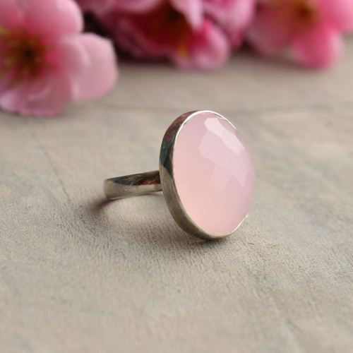 Rose quartz ring, Sterling silver ring, Oval pink ring