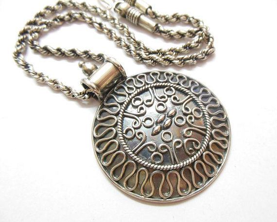 Round bold medallion pendant necklace, Sterling silver ethnic pendant